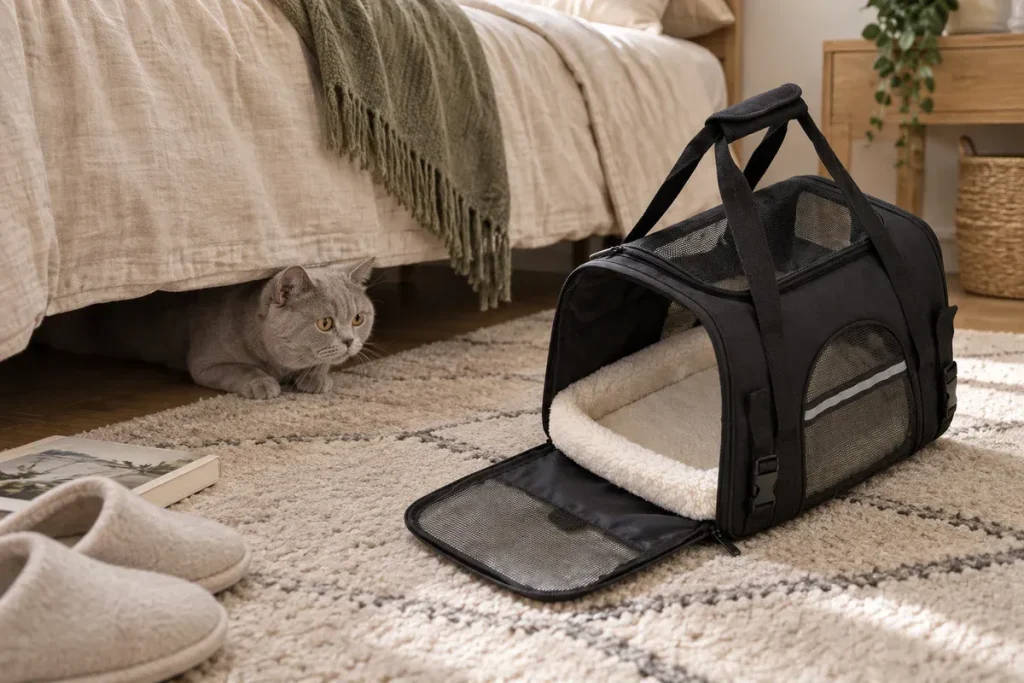 Chat caché sous un lit en face d'un sac de transport