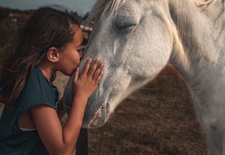 Petite fille faisant un bisous à un cheval blanc