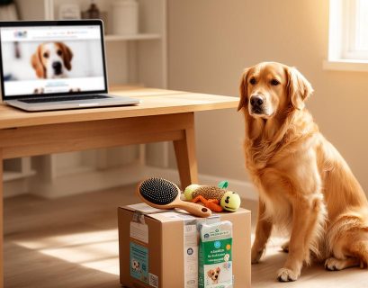 Chien devant une table et un colis reçu depuis une boutique en ligne