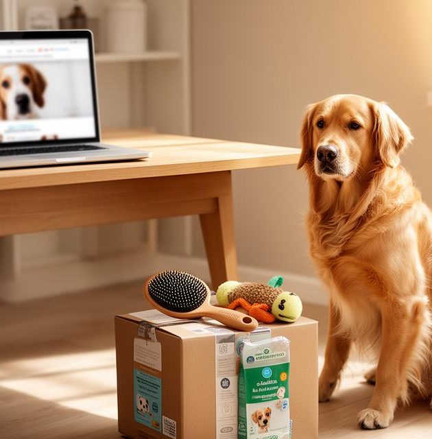 Chien devant une table et un colis reçu depuis une boutique en ligne