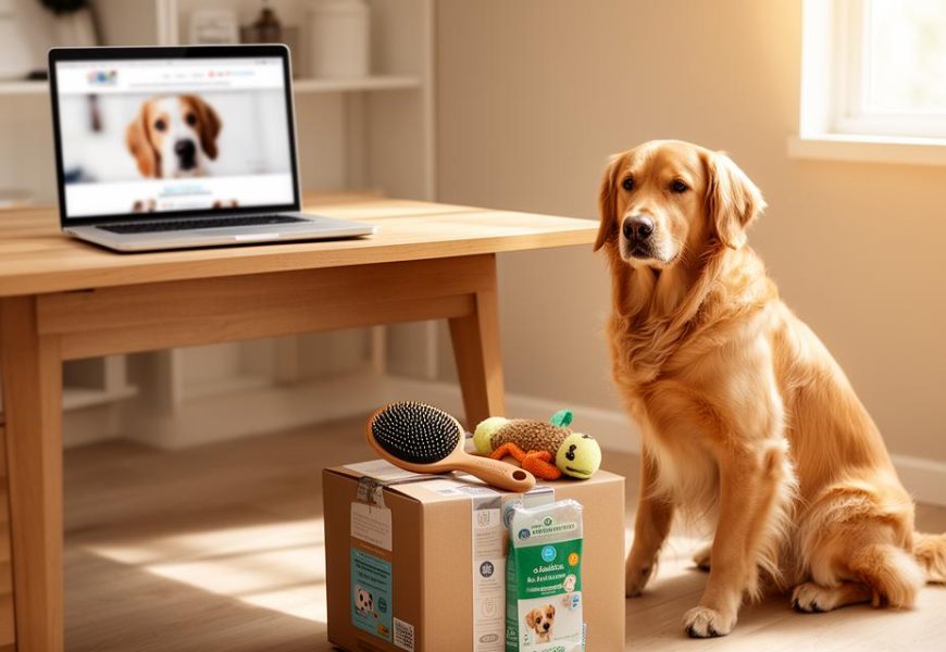 Chien devant une table et un colis reçu depuis une boutique en ligne