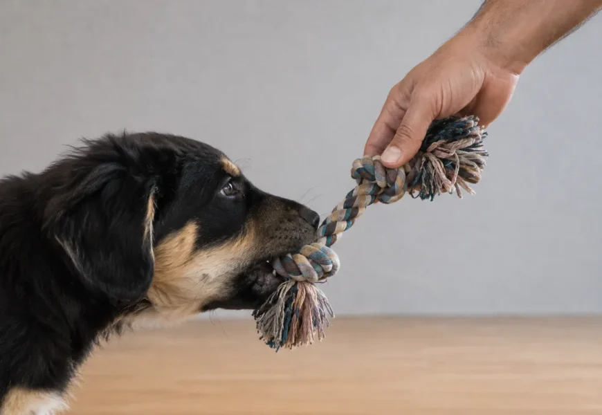 Chiot mordillant une corde